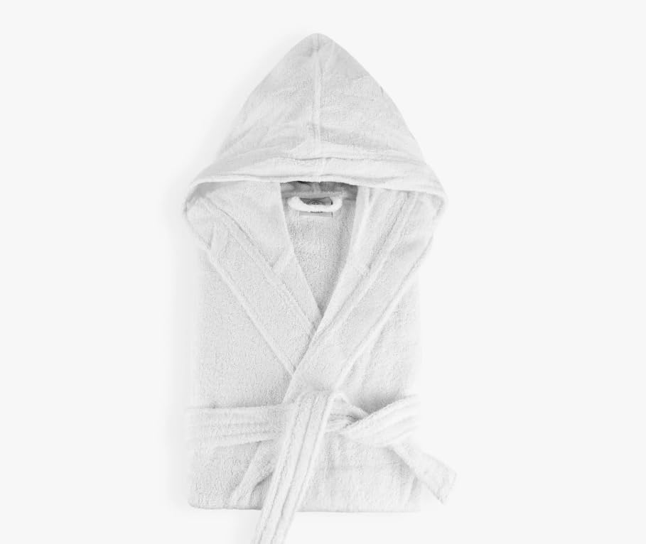 KOTONA Organic Cotton Bathrobe, White, Hooded, Plush Absorbent Terry Cloth