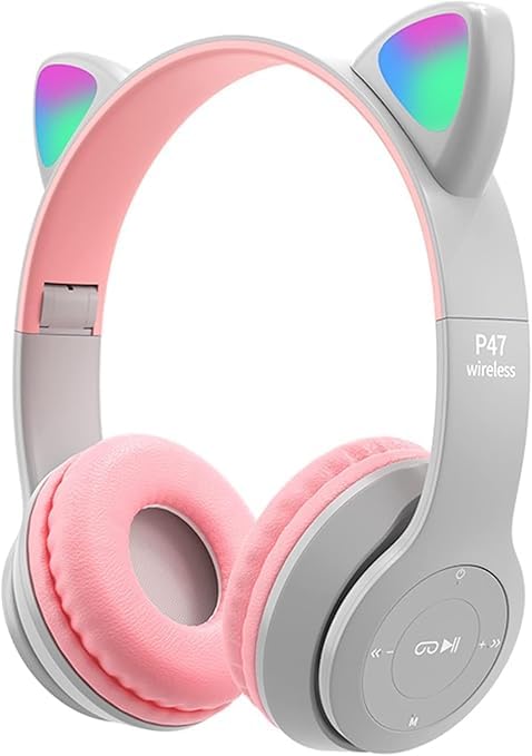 P47 Wireless Bluetooth Headset, with RGB Multicolor Light, Built-in Microphone, Compatible with PC and Mobile, Stylish Design for Gaming and Music (Grey)