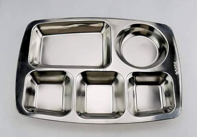 Dollar Stainless Steel Food Tray, 5 Compartments, Silver, Rustproof, for Homes, Schools, Restaurants