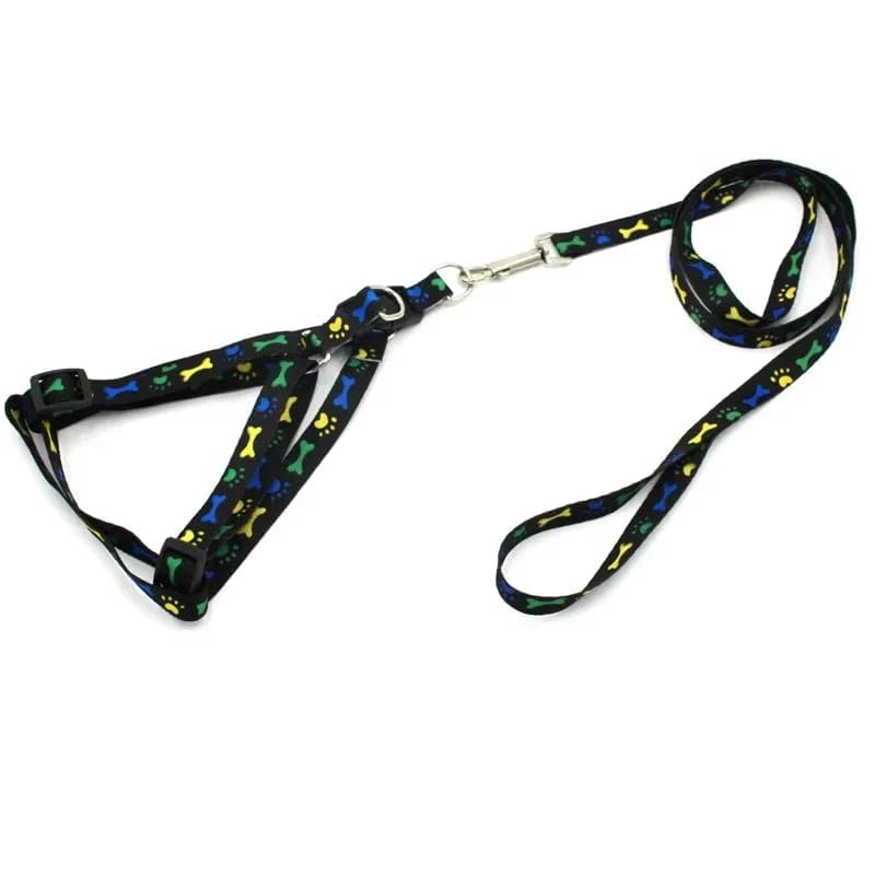 Dog Harness and Leash Set for Walking - Adorable Paw & Bone Print Adjustable Pet Vest - Escape-Proof Nylon Walking Gear with Secure Metal Clip for Dogs - Multiple Sizes (Black, 2cm)