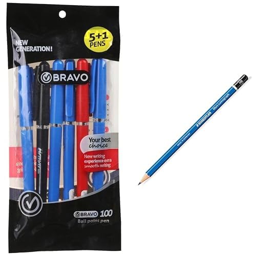 Bravo Stationery Bundle: 100 Ballpoint Pen 6-Pack + Staedtler Lumograph Pencil Blue