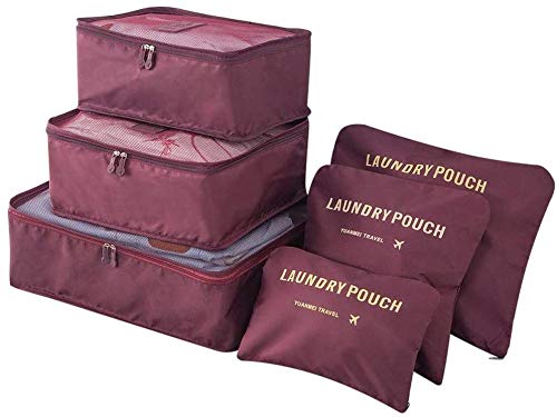 COOLBABY Pack of 6 Packing Cubes-Compression Travel Luggage Organizer-Travel Clothe Storage Bag-Travel Mesh Pouch -Laundry Bag-Travel Packing Organizer-Shoe Bag（Wine red）