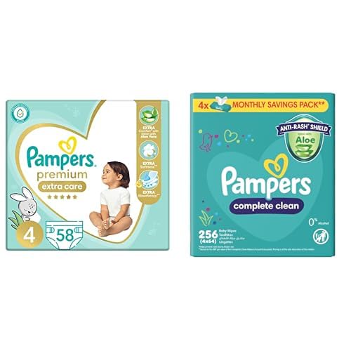 Pampers Premium EXTRA CARE Taped Diapers, Size 4, 9-18 kg, with Lotion with Aloe Vera, 58 Baby Diapers +Wipes