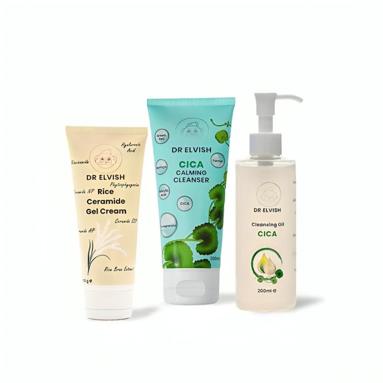 Dr. Elvish Daily Refresh Kit – Complete Skincare Routine Set (Cleansing Oil, Cica Calming Cleanser & Rice Ceramide Gel Cream) | Deep Cleansing, Hydration & Skin Barrier Repair for All Skin Types 500ml
