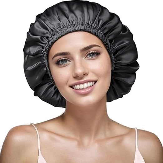 Silk Satin Bonnet Double Layer Reversible Bonnet for Women Natural Curly Hair Bonnet Comfortable Elastic Headache Free Bonnet +Bowknot (Black)