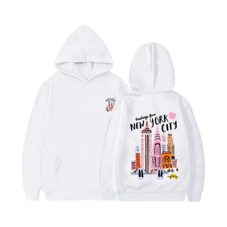 White Hoodie with New York City Graphic Print, Pullover Sweatshirt with Hood Size (9-12y)