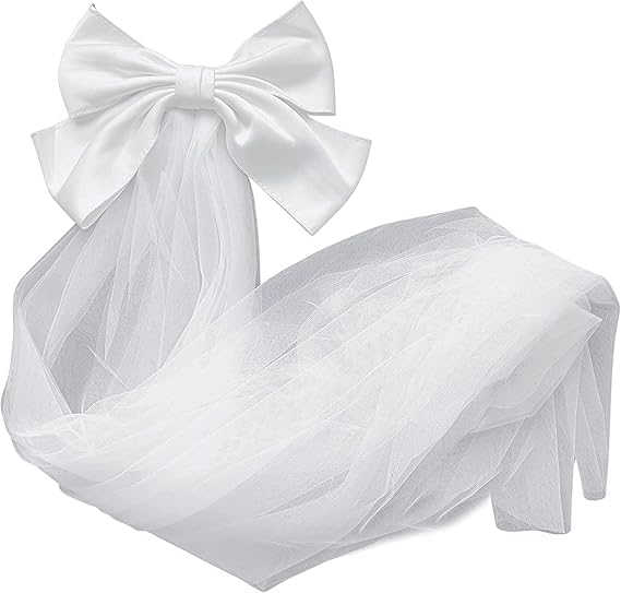 The Hen Planner Bachelorette Party Veil with Bow in White - Elegant Wedding Tulle Veil and Satin Bow, White
