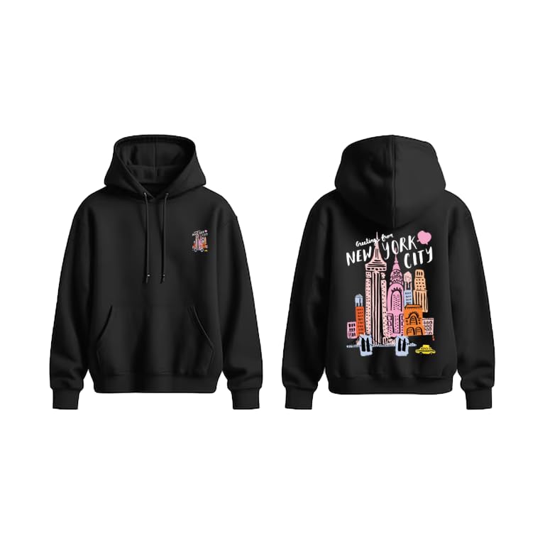 Black New York City Hoodie, Greetings from NYC Skyline Print, Front and Back Design Size (XL)
