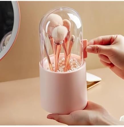 360 Degree Rotating Makeup Holder, Dustproof Makeup Brush Organizer Pen Holder Cosmetic Brush Storage Box for Dressing Table Home Office Art Supplies, Modern (Pink)
