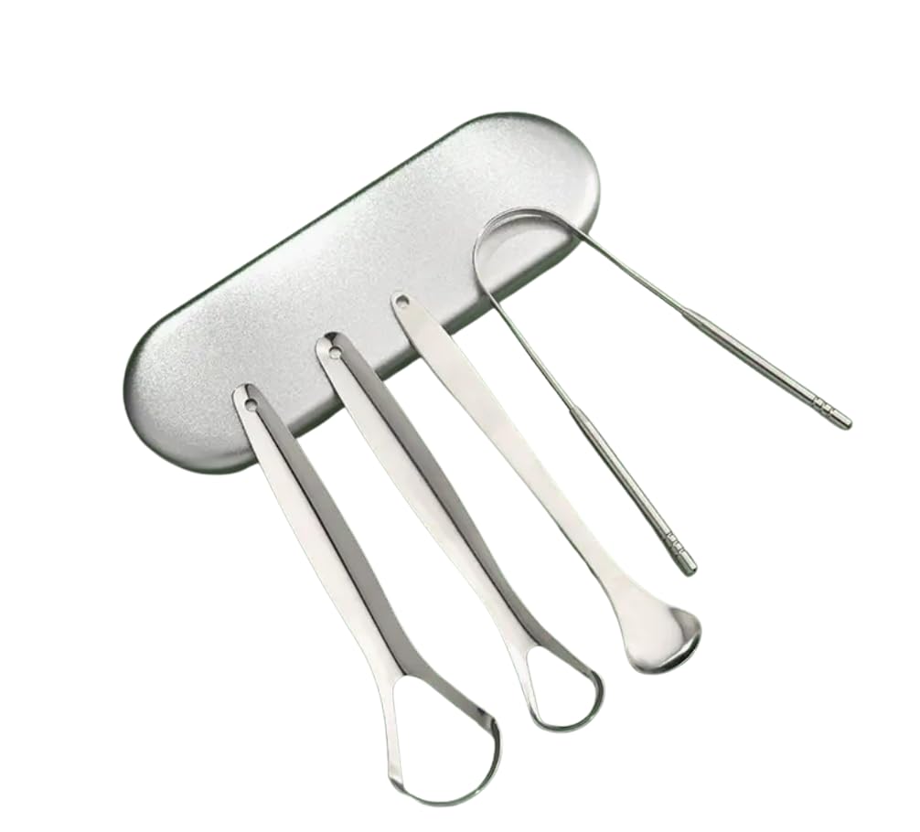 Professional Stainless Steel Tongue Scraper Set, 4 Pieces with Portable Case, Oral Care Cleaning Tool for Fresh Breath