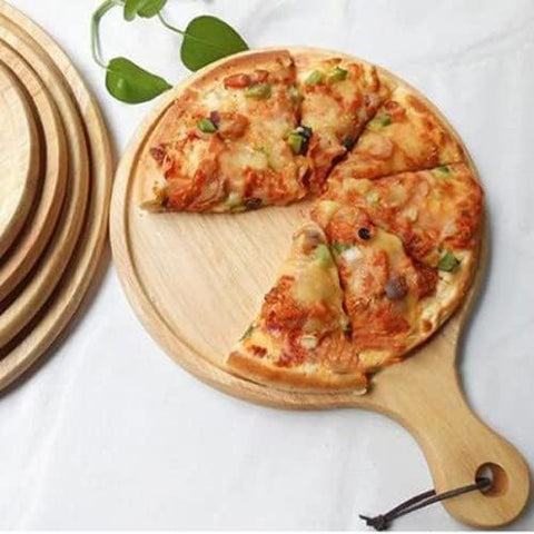 Round Wooden Cutting Board with Handle, Pizza Serving Board, Natural Wood, Round