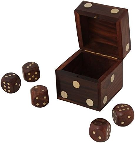 Indian Handmade Copper Inlaid Wooden Dice Box with 5 Decorative Dice Set Premium Design for Preserving Traditional Games and Enjoy a Comfortable and Upscale Gaming Experience