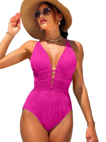 Women Solid Color Deep V-Neck Sleeveless Criss-Cross Back One-Piece Swimsuit, Suitable For Beach Vacation Summer