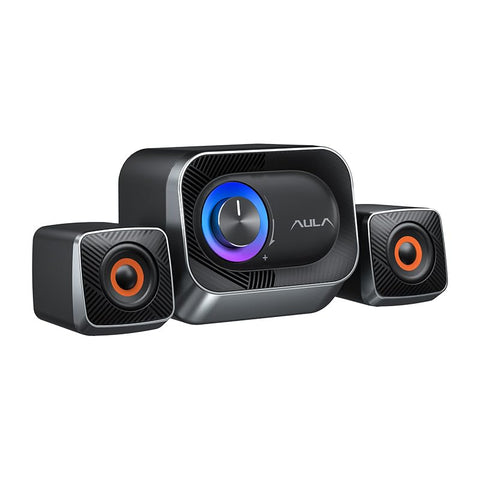 AULA A200 Pro 2.1 Stereo Wired Gaming Speakers with Subwoofer, RGB Lights Stereo Bass 11W - Rainbow LED Lighting - Easy accessible volume knob