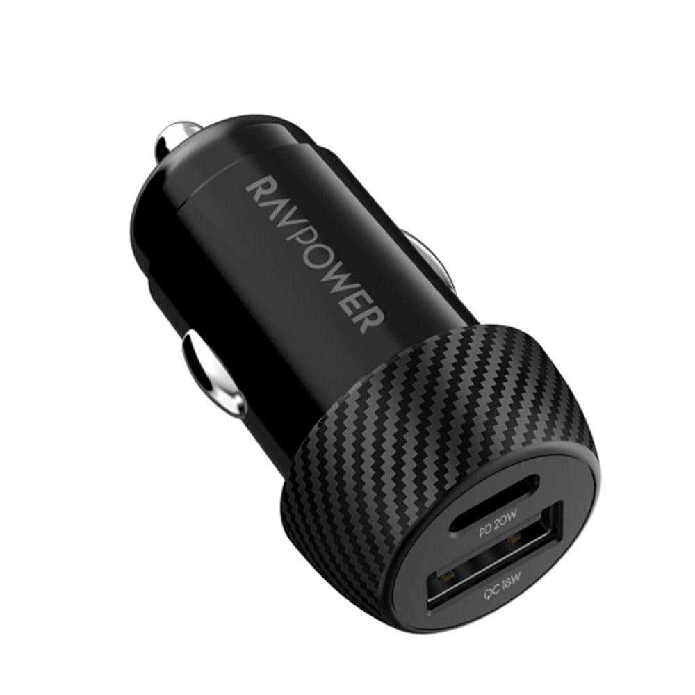 RAVPower RP-VC1016 20W Dual Port Car Charger – USB-C Power Delivery & USB-A Quick Charge, 12V/24V Fast Charging Adapter for iPhone, Samsung & More – Black | 18-Month Warranty
