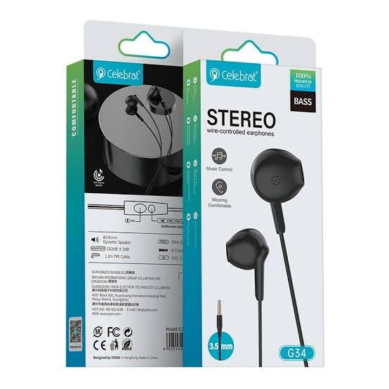 CELEBRT- G34 Stereo Wired Earbuds, In-Ear Wired Earphones with Mic (Microphone) Pure Sound with Mic Ergonomic Design Practical for Wearing on Mobile Phones (Black)