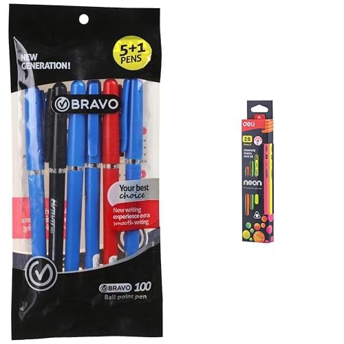 Bravo Stationery Bundle: 100 Ballpoint Pen 6-Pack + Deli Neon Graphite 2B Pencil Set 12-Pack