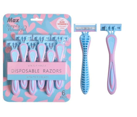 Max Simply Beautiful Disposable Razors for Women, Triple Blade, Non-Slip Handle, with Aloe and Vitamin E, Blue and Pink, 6 Pack