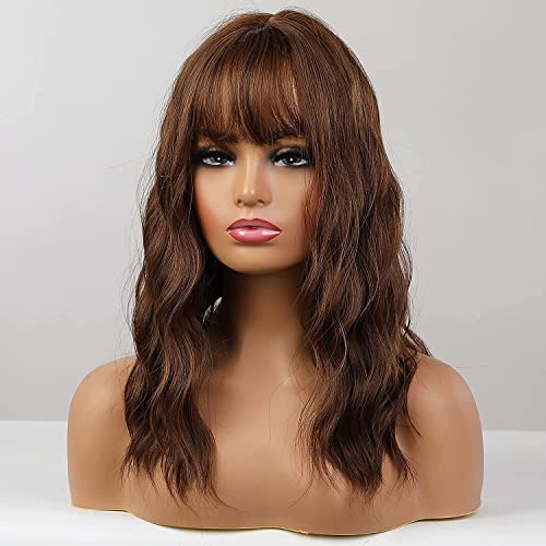 ECIF Short Brown Curly Wigs With Bangs,Wavy Bob Wigs, For Women Heat Resistant Synthetic Wigs