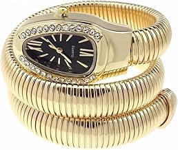 Women's Luxury Snake Wrap Watch Gold Elastic Metal Bracelet Crystal Stones Bezel Quartz Movement Waterproof