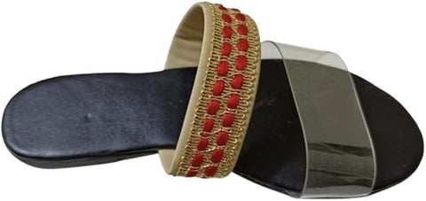 Karisma womens Strappy comfy slippers with transparent and embroidered straps Flat Sandal
