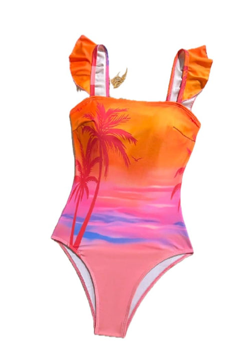 Women's Tropical Sunset One-Piece Swimsuit, Ruffle Straps, Orange and Pink Palm Tree Print