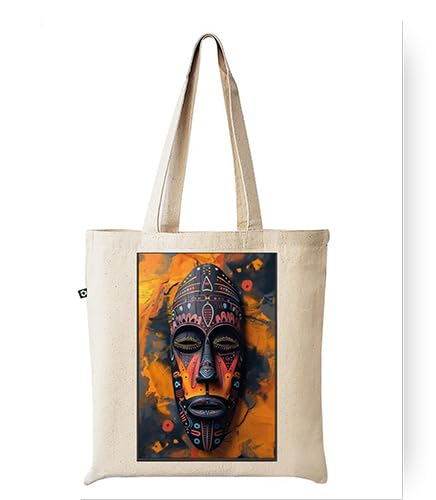 Canvas Tote Bag with Prints, Natural Cotton, Long Handles Beige Color