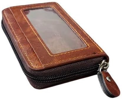Leather Card Holder Wallet, Brown, Zipper Closure
