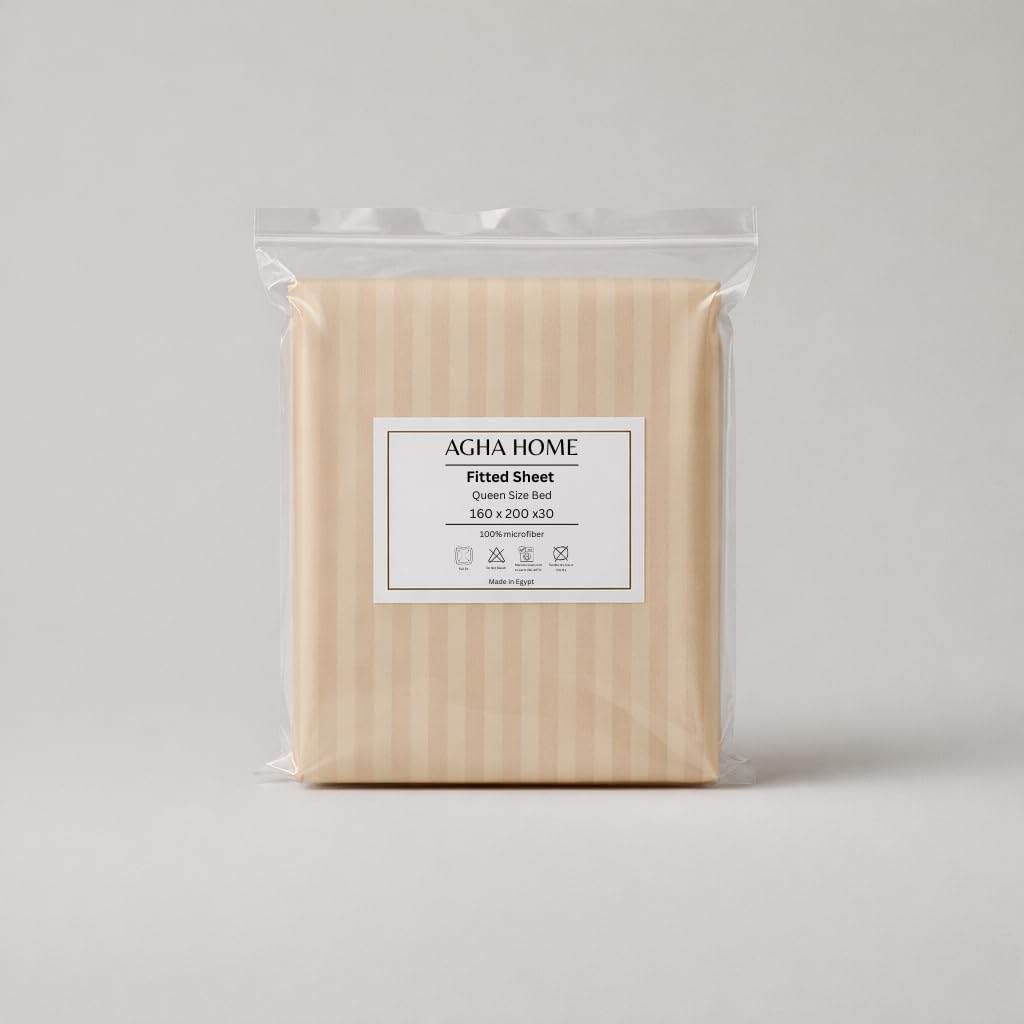 Essential Comfort Microfiber Stripe Fitted Sheet Set (3pcs) Queen Beige
