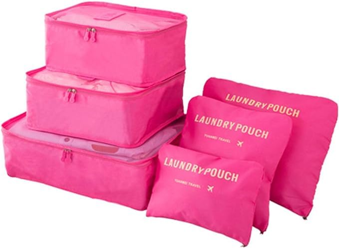 Travel Luggage Organizer-Travel Clothe Storage Bag-Travel Mesh Pouch -Laundry Bag-Travel Packing Organizer-Clothing Sorting Package- Travel Shoe Bag 6 PCS- multi (pink)