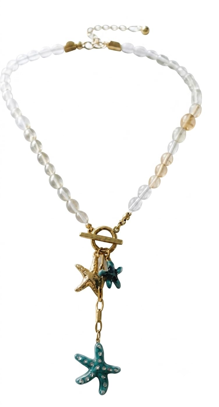 Necklace - Gold-Tone Ocean Charm with Starfish, Pearl and Seashell Pendants, Nautical Theme Jewelry