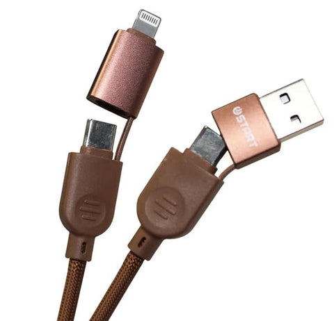 KM Technology Start ST-A017 4 in 1 Super Fast Charging Convertible Fast Data Cable, 3.9ft USB C USB A, 60W, Compatible With iPhone/iPad/MacBook Pro/Airpods/Samsung/Android - Brown