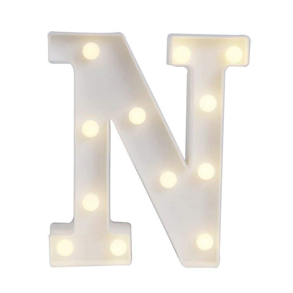 Led Light Up Alphabet Number Letters Marquee Letter Lights White Plastic Light Sign for Wedding Home Party Bar Decoration (N)