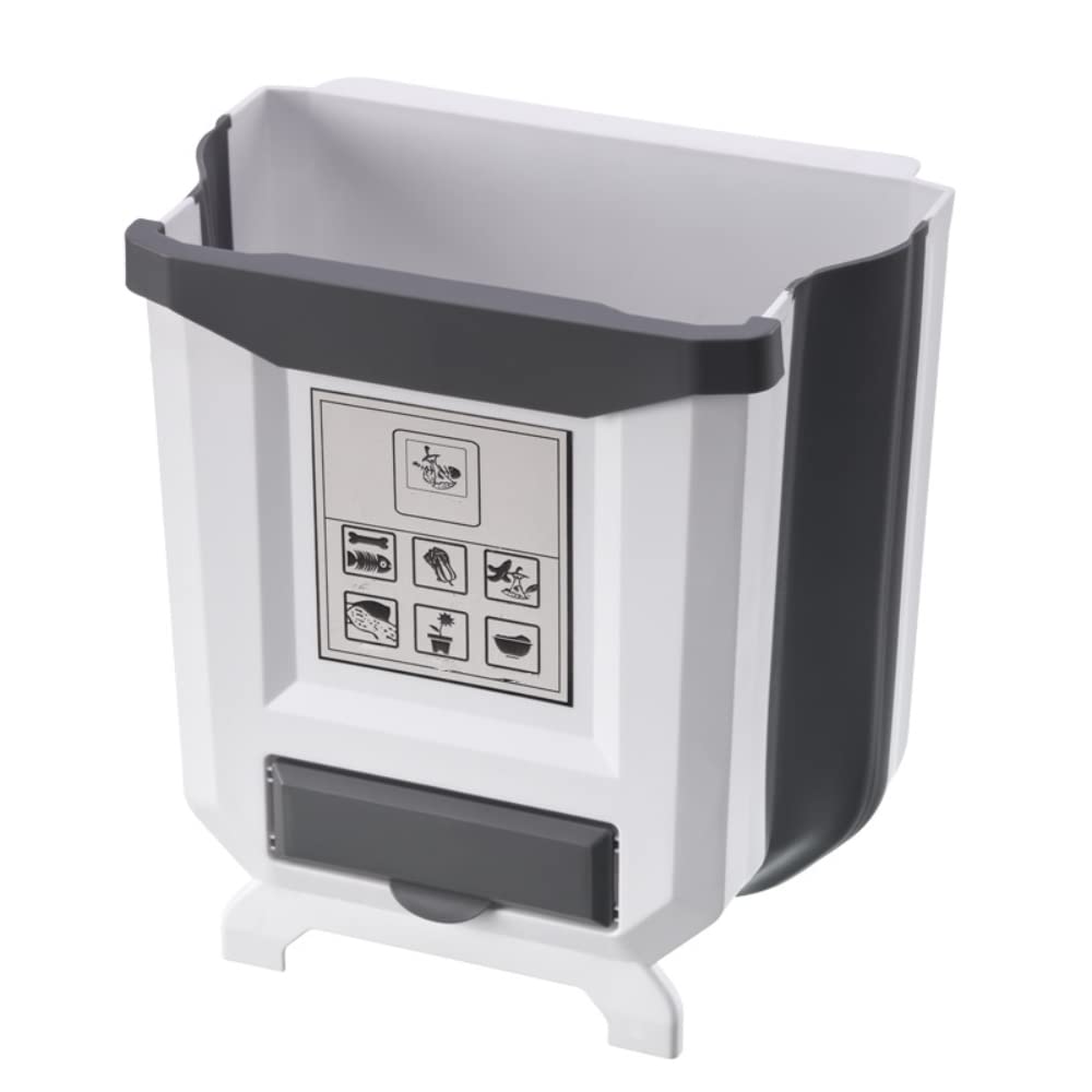 Folding Trash Can, 8L Multifunction Hanging Kitchen Trash Can for Car, Office, Dormitory, Bedroom and Bathroom (White Grey)