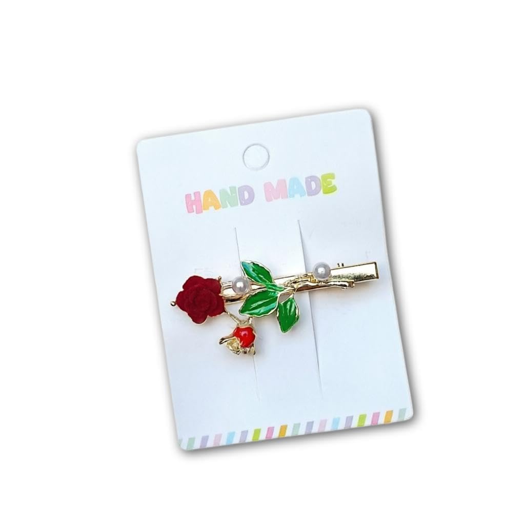 Gold Barrette - Handmade Floral Hair Pin Featuring Red Rose Pearl Accents and Green Enamel Leaves (3 pieces)