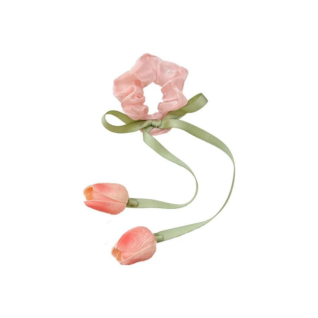 ZONE SHOP Handmade Sexy Hair Bow - Beautiful Tulip Flower Elastic Ponytail Holder for Women Fashion Hairstyle (Pink)