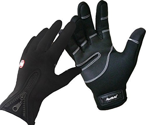 Gloves Men Women Winter Outdoor Sports Anti-Slip Windproof Waterproof Touch Screen Cycling Riding Skiing Running Driving Thicken Warm Fleece Lined Elastic Zipper Glove (Black2, Large)