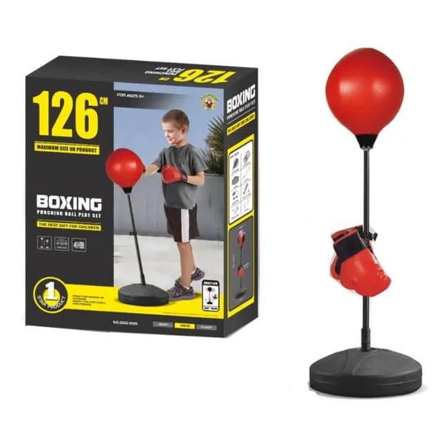 Kids Boxing Set, Punching Ball with Gloves, Adjustable Up to 126cm, Red and Black, Ages 6+