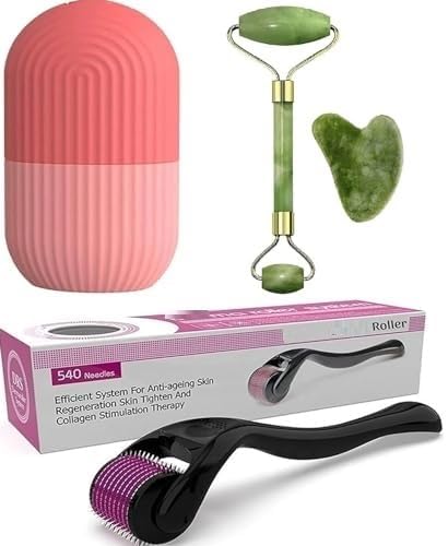 Facial Massager Jade Roller & Gua Sha Tool Natural Stone + Hair Growth Rollar 0.5Mm With 540 Titanium Alloy Needles + Ice Face Roller Silicone Facial Cube Set Of 3