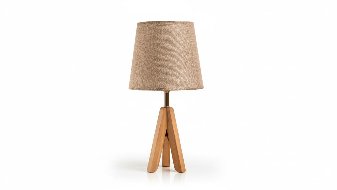 Modern Table Lamp – Beech Wood Tripod Base with Linen Fabric Shade – Soft Warm Ambient Lighting – Elegant Dark Beige Design – Suitable for Bedrooms & Home Décor – E27 Bulb