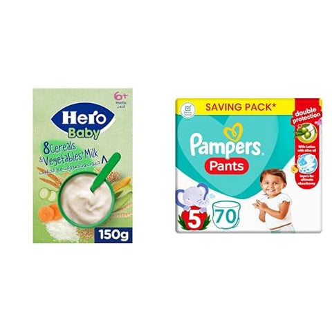"Hero Baby 8 Cereal & Vegetable with Milk 150g & Pampers Baby Dry Pants Size 5 (12-18kg) 70 Count Bundle Pack