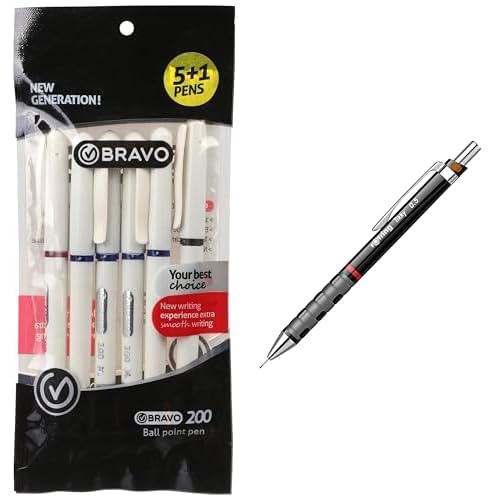 Bravo Stationery Bundle: 200 Ballpoint Pen 6-Pack + Rotring Tikky Grip Mechanical Pencil
