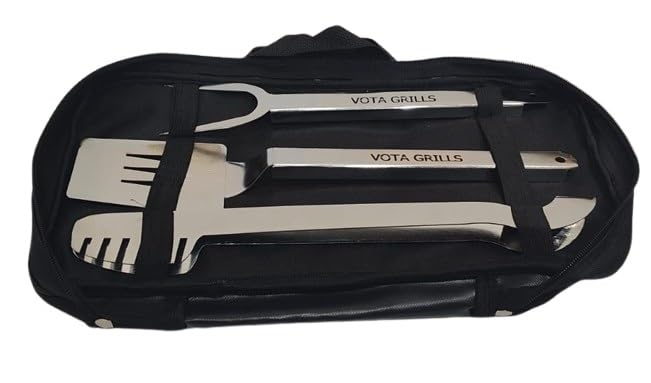 Vota Grills BBQ Tool Set, 3-Piece Stainless Steel Charcoal Grilling Utensils with Carrying Case, Black