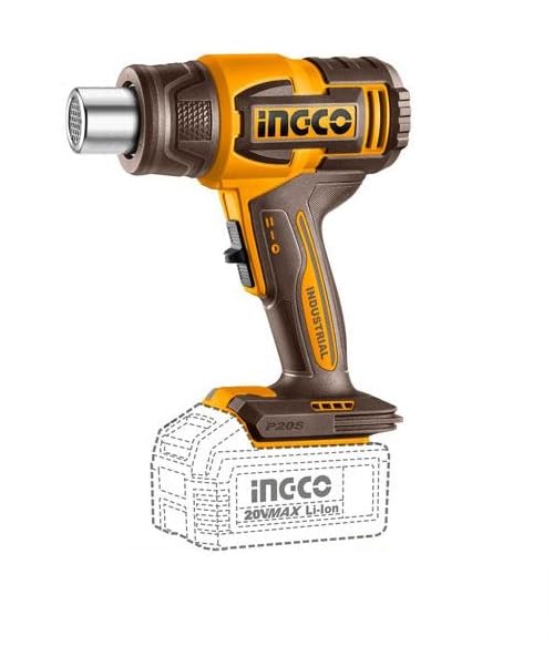 INGCO Cordless Heat Gun, 20V P20S, 2-Speed, Max 580°C, Airflow 100/200 L/min, with Nozzles and Scraper, Battery and Charger Sold Separately - Model: HGLI2008