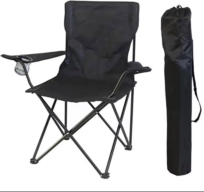 Folding Chair for Camping and Outdoor Trips, Black, with Cup Holder and Carry Bag, 80x45x45cm