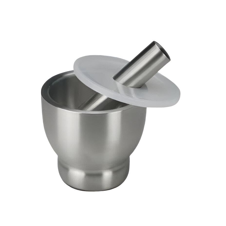 Spice Grinder - Large capacity stainless steel mortar with 10cm deep bowl, heavy polished design, secure fitted cover and superior crushing performance for herbs and seeds