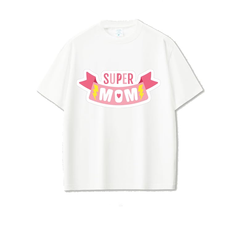 cotton White T-Shirt, Short Sleeves, super mom word, Cotton, Size (S)