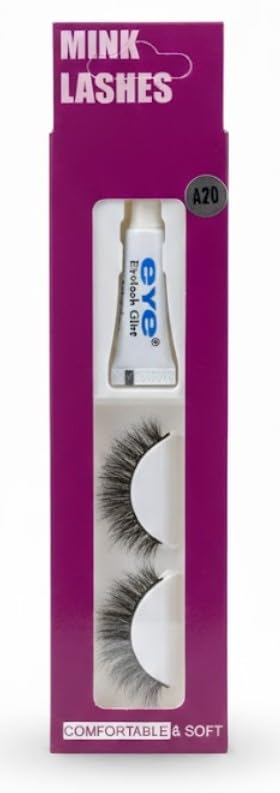 1 Pair Handmade Natural Soft False Eyelashes Fake Eye Lash Glue Included | Long-lasting | Voluminous Eyelashes | Dramatic Lash Look | Easy Application (1 Pair Eyelash + Glue)-A20