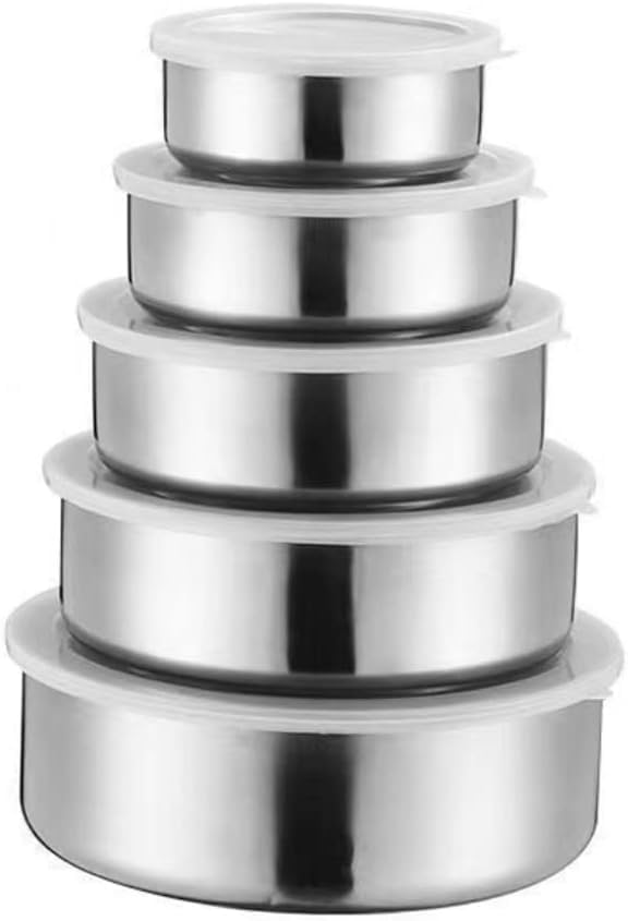 Round Food Container Boxes, Set of 5, Different Sizes – Stainless Steel For Healthy Food Storage and Meal Preparation, For Kitchen, Office, Home, Gym, Freezer, Fridge and more.