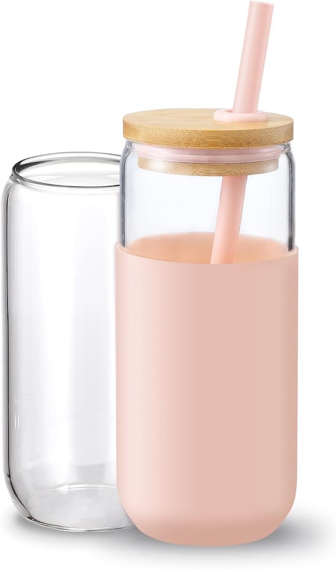 Next store Premium Glass Tumbler with Protective Silicone Sleeve and Natural Bamboo Lid - Your Stylish Companion for Iced Coffee (Pink)